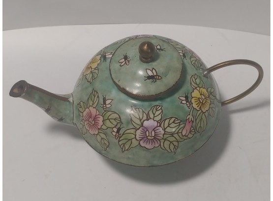 Miniature Chinese Brass And Enamel Teapot Decorated With Flowers And Bees