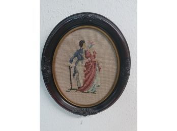 Oval Victorian Framed Needlepoint Of Lady And Gentleman