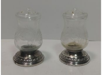 Pair Of Etched Glass And Sterling Silver' Hurricane' Salt And Pepper Shakers