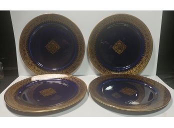 (4) 8 1/2 In  Gold Decorated Royal Blue Sarreguemines Majolica Plates