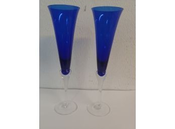 Elegant Pair Of Cobalt Blue Glass Champagne Flutes Applied To Clear Stems