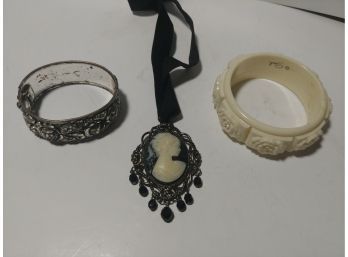 3 Pieces Costume Jewelry Lot To Include Antique Czechoslovakia Floral Reposse Bangle