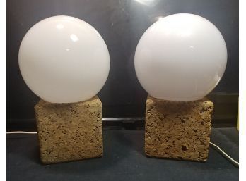 Pair Of Mid-century Cork-based Sphere Lamps ( One Globe Replaced)