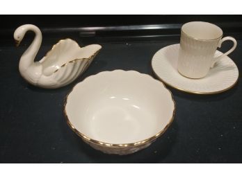 3 Piece Lenox Porcelain Lot To Include Swan, Demitasse Cup And Saucer,and Rose Blossom Bowl