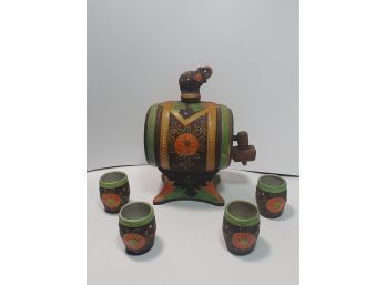 Japanese Barrel Form Sake Set With Figural Elephant