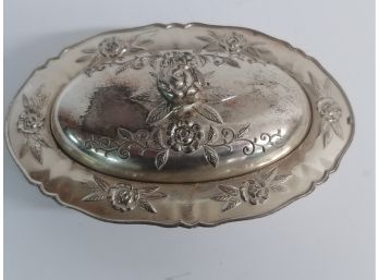 Floral Decorated Oval White Metal Footed Covered-dish Signed Occupied Japan