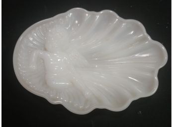 Shell Shaped Milk Glass Dish With Cherub By Avon