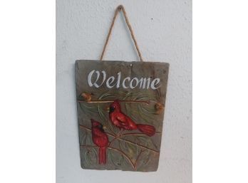 Hand-painted Slate Welcome Sign Decorated With Cardinals On Branch