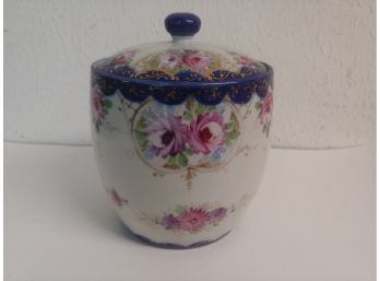 Hand-painted Floral Decorated Porcelain Biscuit Jar With Cobalt Blue And Gold Accents