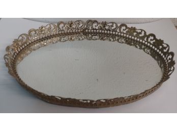 Oval Mirrored Perfume Tray With Fancy Metal Filigree Border