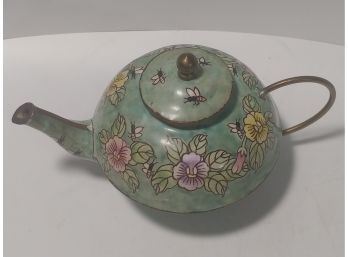 Miniature Chinese Brass And Enamel Teapot Decorated With Flowers And Bees
