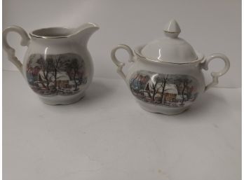 Avon Currier And Ives Porcelain Sugar And Creamer With Gold Accents