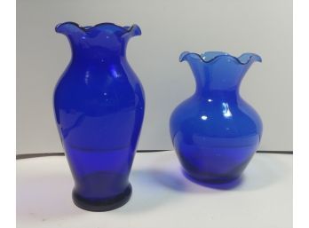Two Vintage Cobalt Blue Glass Vases With Ruffled Edges