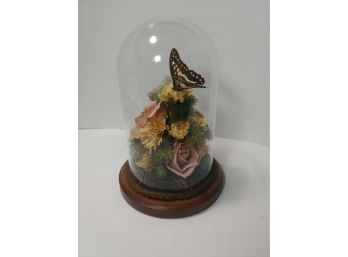 Dried Floral Arrangement With Butterfly Under Glass Dome