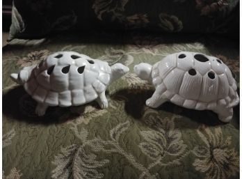 2 Vintage White Ceramic Turtle Flower Frogs One Signed Made In