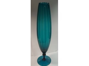 1970's 15 In Ribbed  Teal Blue Vase