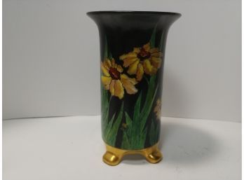 Hand-painted Footed German Porcelain Vase Decorated With Flowers And Butterflies Signed A.B.Ockerbloom