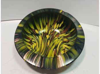 Mid-century Black And Yellow Art Glass Ashtray With Gold Dust (as Is)
