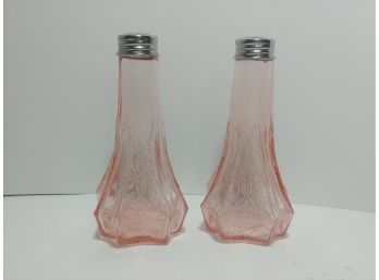 Pair Of Tall Pink Glass Salt And Pepper Shakers