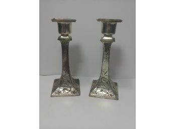 Pair Of Japanese White Metal Art Deco Candlesticks With Leaping Deer Decoration