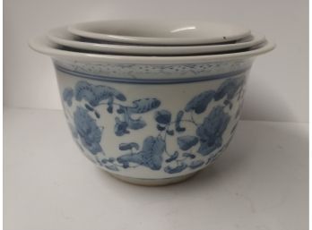 Three Graduated Chinese Blue And White Porcelain Planters
