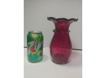 7 In Ribbed Cranberry Glass Vase With Applique