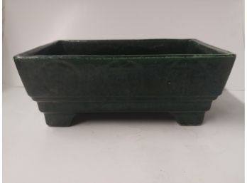 Footed USA Pottery Forest Green Glazed Planter With Chinese Character Decoration