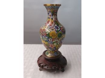 Chinese Cloisonne Enamel Vace With Rosewood Stand