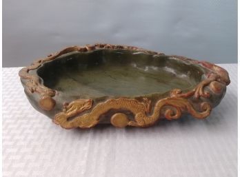 Carved Hard Stone Low Bowl Surrounded By Dragons