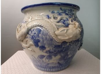 Blue And White Chinese Porcelain Jardinere With Smoke Dragon