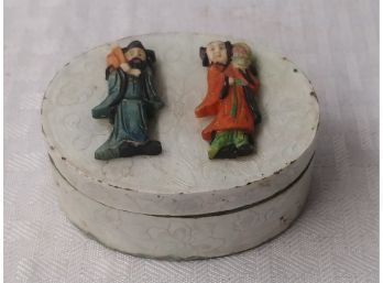 Chinese Enamel Box With Applied Carvings Of Man And Woman