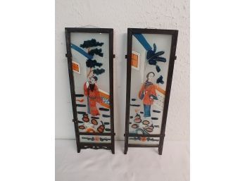 Two Reverse On Glass Painted Panels Depicting Asian Man And Woman