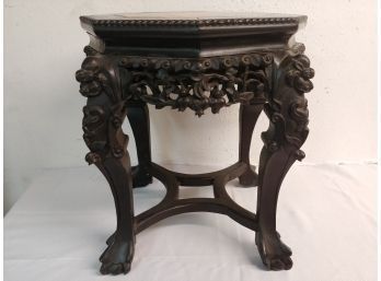 Ornately Carved Chinese Rosewood Ball And Claw Foot Side Table With Pink Marble Insert