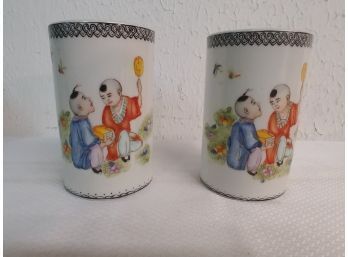 Pair Of Cylindrical Chinese Brush Holders(one With Hair Line)