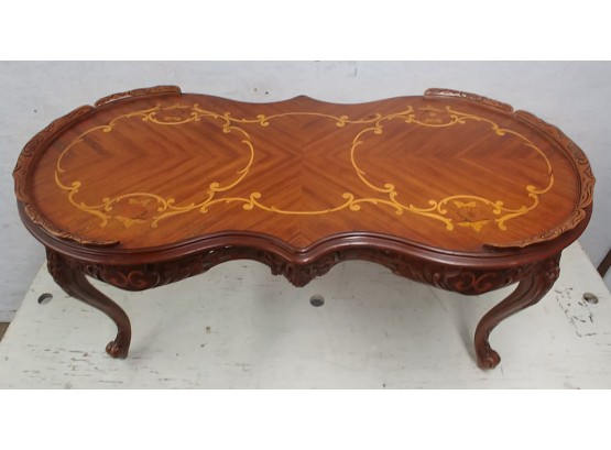 Fancy Carved French Marquetry Inlaid Coffee Table With Custom-made Glass Top