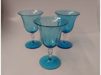 3 Pieces Of Teal Blue And Clear Stemware