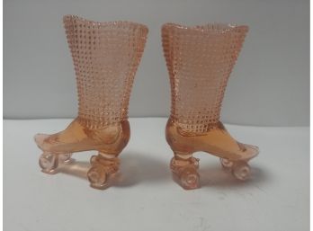 Pair Of Pink Pattern Glass Boot Skate Toothpick Holders