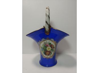 Imperial Porcelain Royal Blue Basket With Floral Decoration And Gold Accents