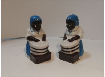 Bisque Salt And Pepper Shakers Depicting Woman Washing An Old Fashioned Wash Tub