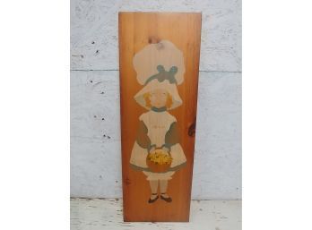 Hand-painted Wooden Panel Of Young Girl With Basket Of Flowers Signed Betty Fecteau