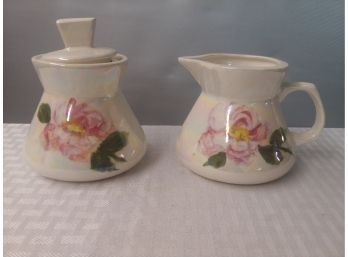 Floral Decorated Ceramic Sugar And Creamer With Iridescent Glaze