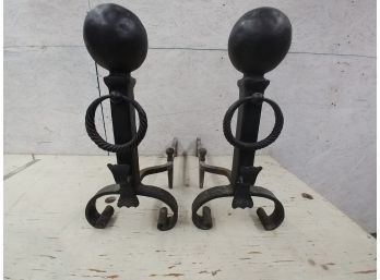 Pair Of Antique Wrought Iron Andirons