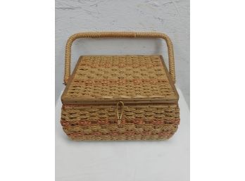 Woven Wicker Sewing Basket And Contents