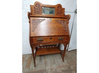 Ornately Carved And Pierced Oak Slant The Desk With Mirrored Gallery