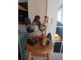 Lot Of Three Carved Wooden Roosters And Hen