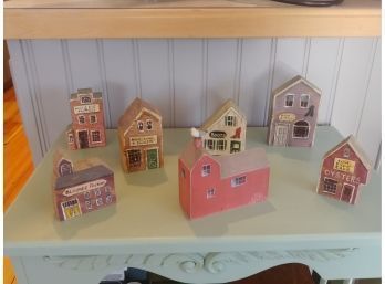 Group Of Miniature Hand-painted Wooden Buildings To Include Pieces Signed By Norma Francini