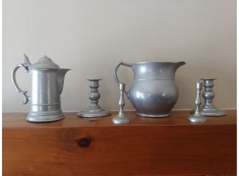 Wilton Colonial Style Cast Aluminum Picture Candlesticks And Tankard And Williamsburg Pewter Candlesticks