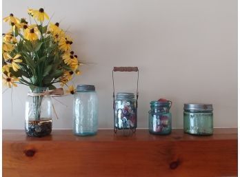 Assortment Of Canning Jars One Filled With Vintage Buttons