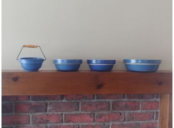 Four Blue Glazed Stoneware Country Kitchen Bowls