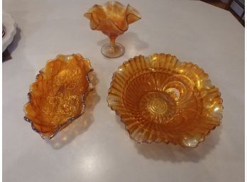Three  Pieces Of Antique Marigold Carnival Glass